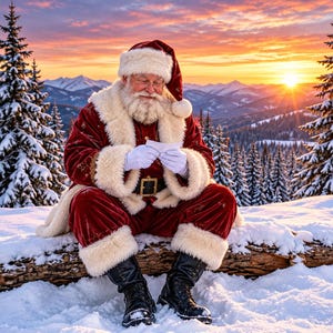 May include: Santa Claus wearing a red velvet suit with white fur trim, a matching hat, and black boots. Santa has a long white beard, wears wire-rimmed glasses, and white gloves while holding a small white letter in a snowy mountain landscape.