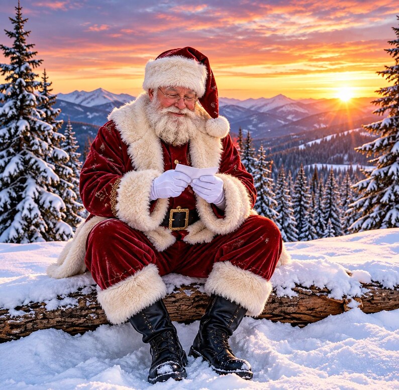 May include: Santa Claus wearing a red velvet suit with white fur trim, a matching hat, and black boots. Santa has a long white beard, wears wire-rimmed glasses, and white gloves while holding a small white letter in a snowy mountain landscape.