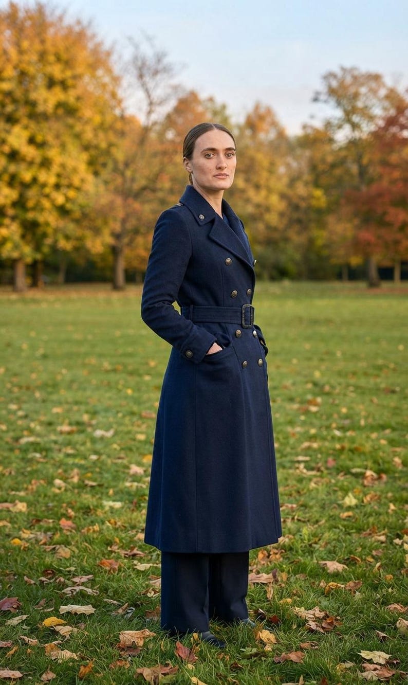 May include: A long, navy blue double-breasted wool coat featuring a structured collar, shoulder epaulets, and a matching fabric belt with a rectangular buckle. The coat has two side pockets and metallic buttons down the front and on the cuffs.