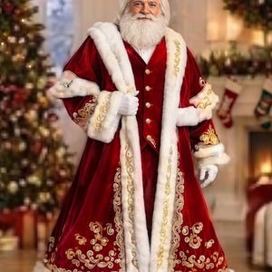 May include: A person dressed as Santa Claus wearing a long, deep red velvet coat and matching vest with white faux fur trim. The coat features intricate gold embroidery along the hem and cuffs. White gloves are worn on both hands.