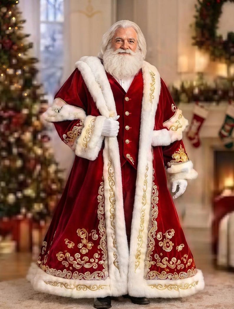 May include: A person dressed as Santa Claus wearing a long, deep red velvet coat and matching vest with white faux fur trim. The coat features intricate gold embroidery along the hem and cuffs. White gloves are worn on both hands.
