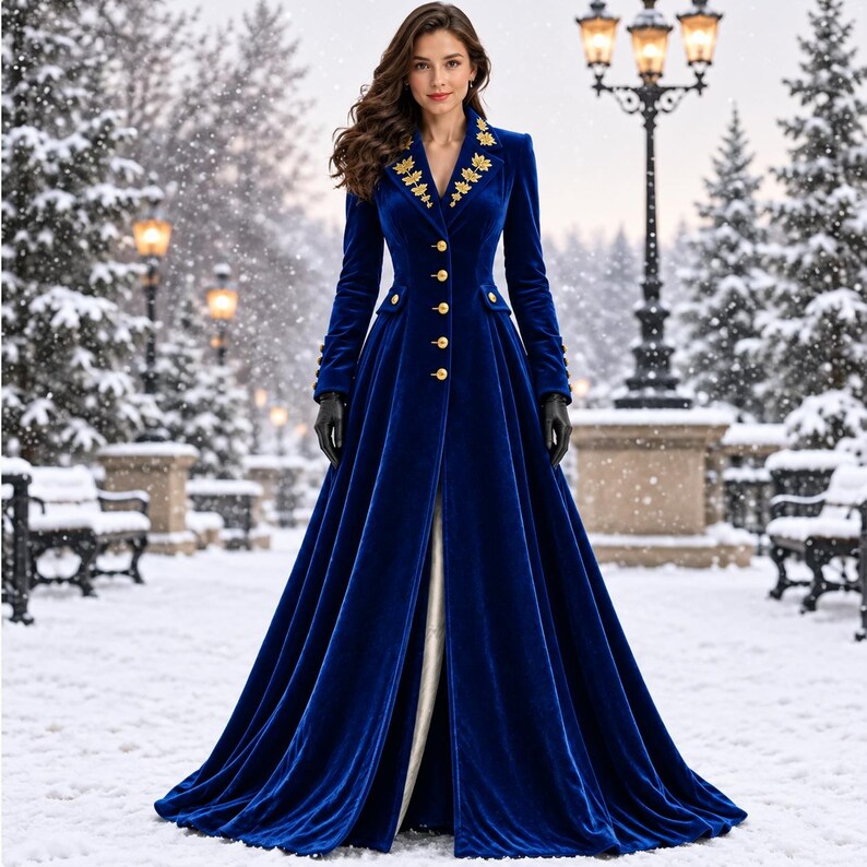 May include: A floor-length royal blue velvet coat featuring a structured collar with gold leaf embroidery, long sleeves, and a front button closure with gold buttons. The coat has a fitted bodice and a flared skirt with a white lining visible.