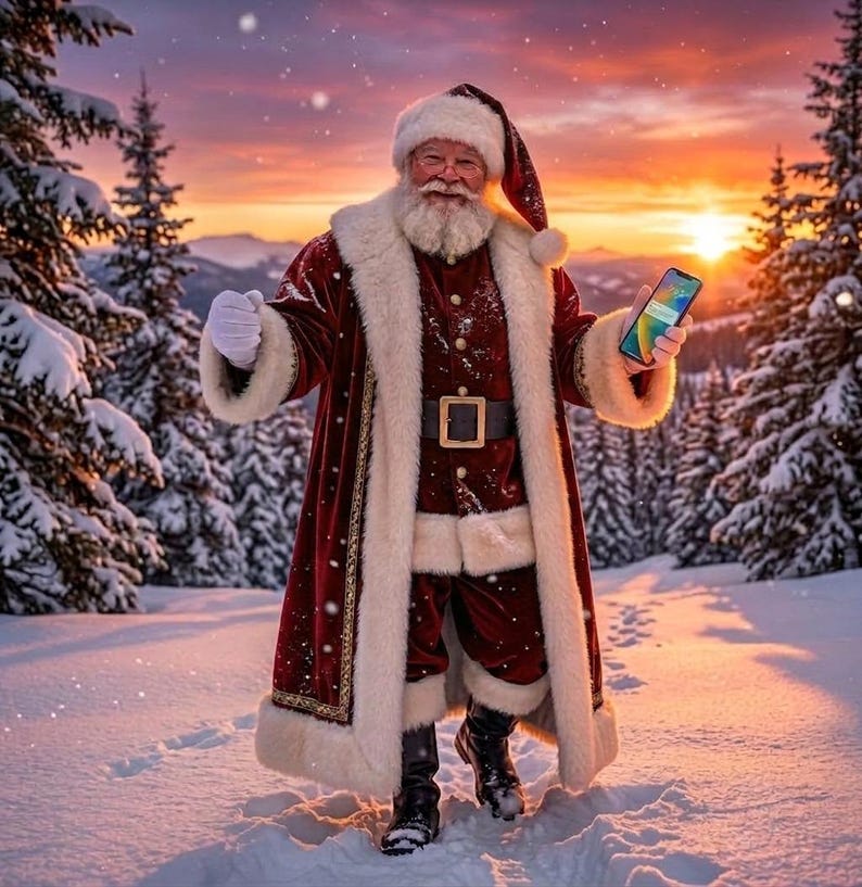 May include: Santa Claus wearing a long red velvet coat with white fur trim, a matching hat, a black belt with a gold buckle, and black boots. Santa is holding a smartphone in one hand while standing in a snowy forest at sunset.