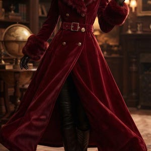 May include: A deep red velvet long coat featuring a wide faux fur collar and matching faux fur cuffs. The coat has a double-breasted front with gold-toned buttons, a belted waist with a rectangular buckle, and a full-length flared skirt design.
