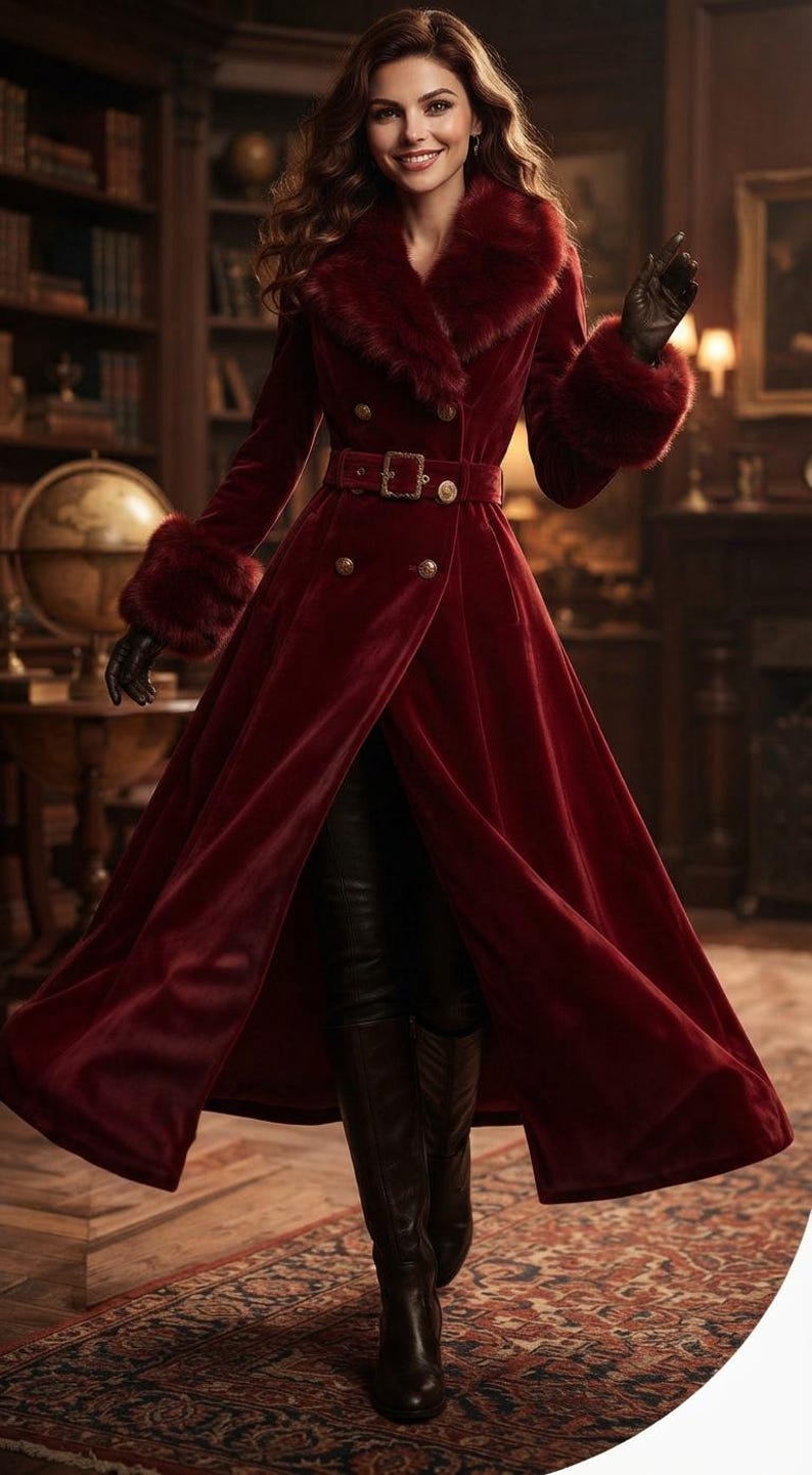 May include: A deep red velvet long coat featuring a wide faux fur collar and matching faux fur cuffs. The coat has a double-breasted front with gold-toned buttons, a belted waist with a rectangular buckle, and a full-length flared skirt design.