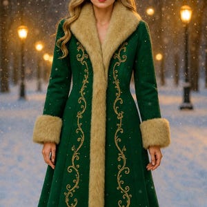 May include: A long, deep green coat featuring a thick, tan faux fur trim along the collar, cuffs, and hem. The front of the coat is decorated with intricate gold embroidery in a scrolling vine pattern that runs vertically down both sides.