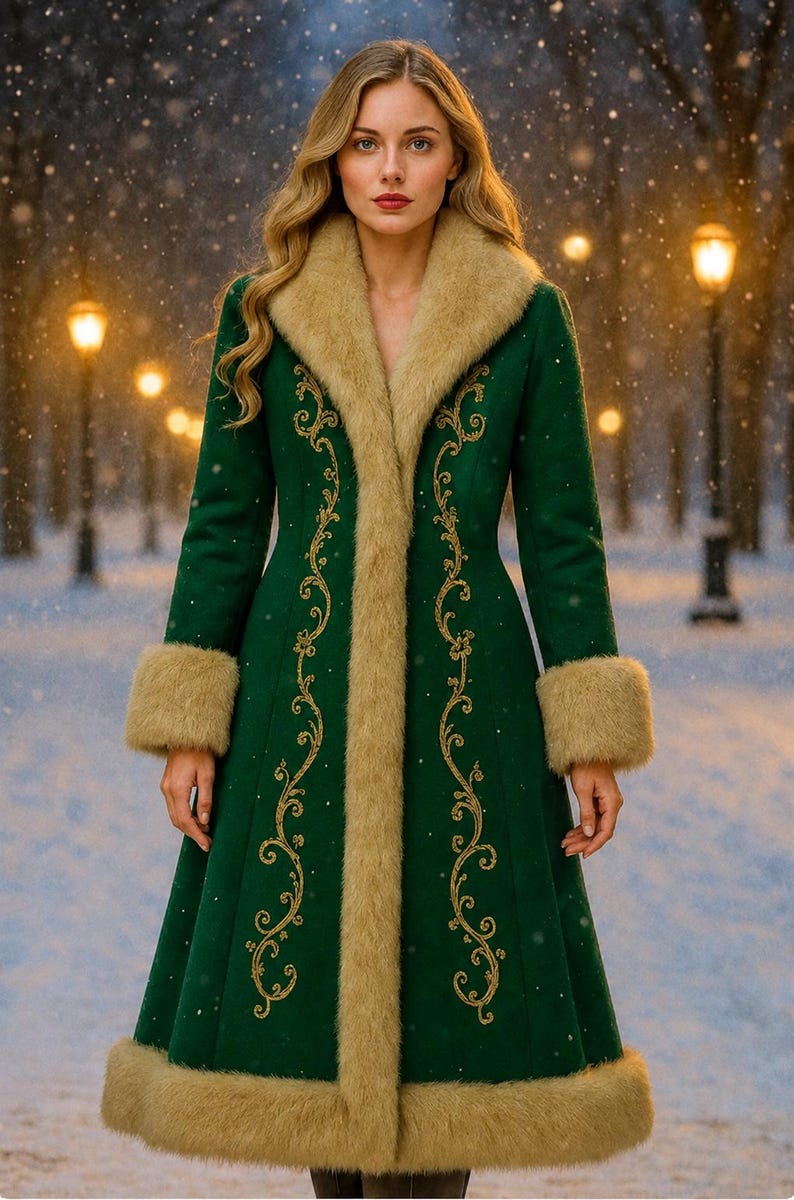 May include: A long, deep green coat featuring a thick, tan faux fur trim along the collar, cuffs, and hem. The front of the coat is decorated with intricate gold embroidery in a scrolling vine pattern that runs vertically down both sides.