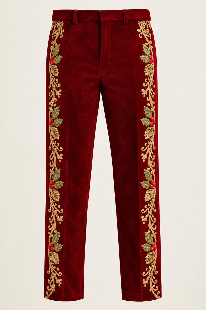 May include: Deep red velvet trousers featuring a vertical embroidered pattern along each outer leg. The embroidery consists of gold scrolling vines, green holly leaves, and small red berries running from the waistband to the hemline.