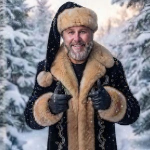 May include: A black coat with tan fur trim on the collar and cuffs, paired with a matching black and tan fur hat. The coat features intricate silver embroidery along the front. Black leather gloves are worn on the hands.