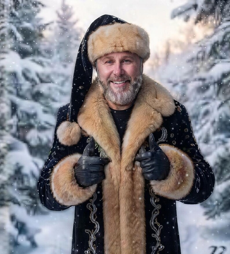 May include: A black coat with tan fur trim on the collar and cuffs, paired with a matching black and tan fur hat. The coat features intricate silver embroidery along the front. Black leather gloves are worn on the hands.