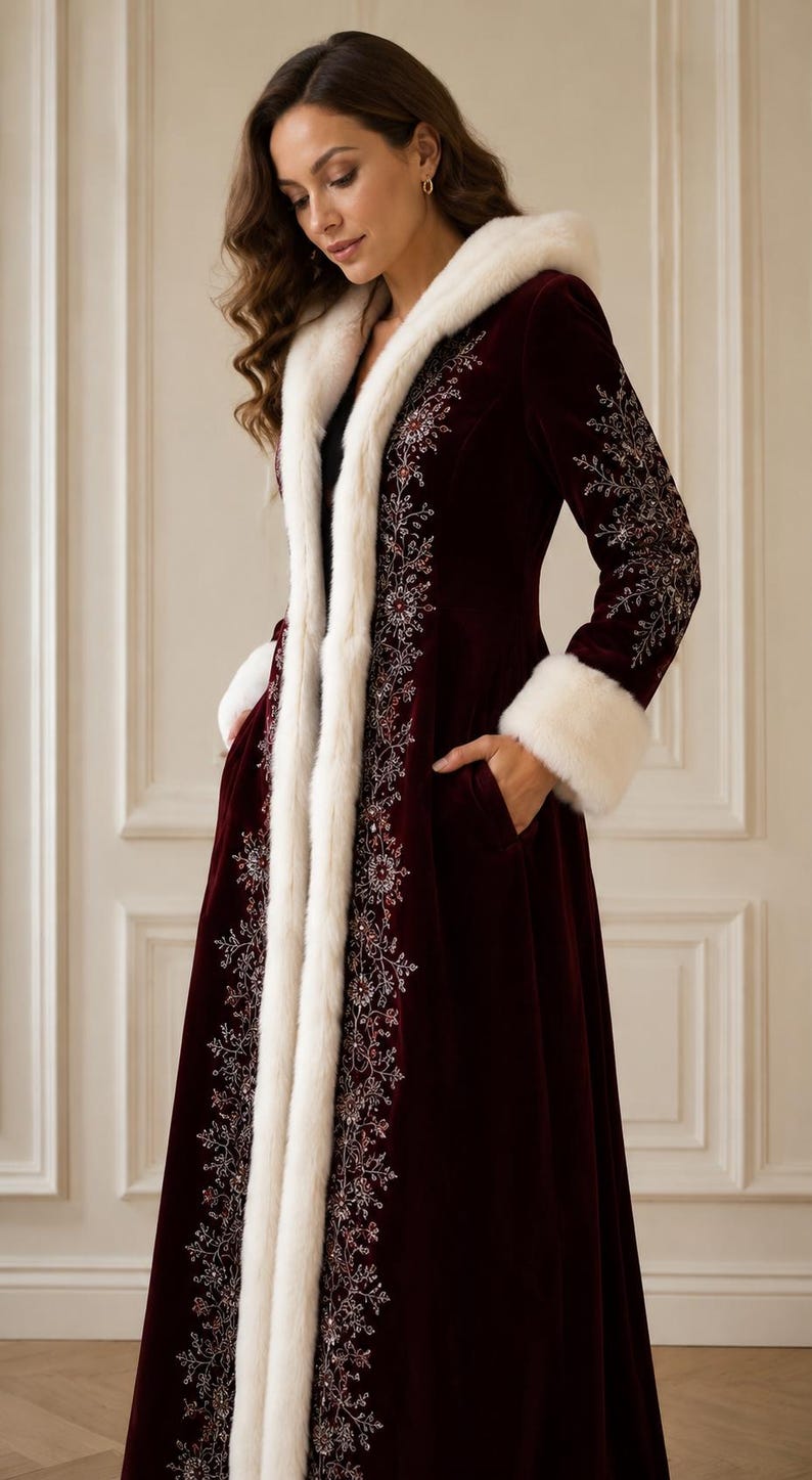 May include: A floor-length, deep burgundy velvet coat featuring a white faux fur trim along the hood, front opening, and sleeve cuffs. The coat is adorned with intricate silver and red floral embroidery along the front panels and sleeves.