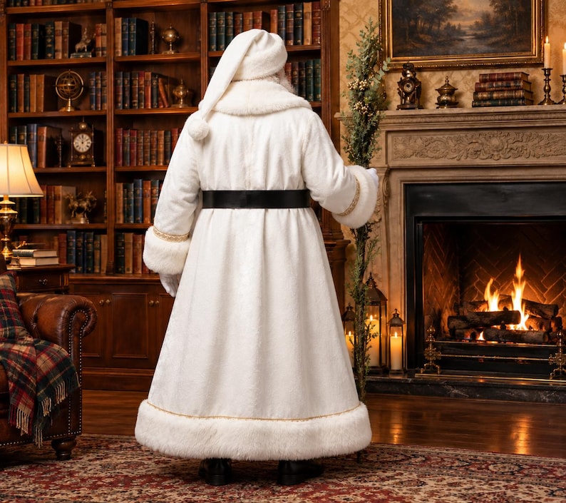 May include: A floor-length white faux fur coat with a matching hat, featuring a wide black belt at the waist and gold trim along the cuffs and hem. The garment has a thick collar and long sleeves, providing a full-coverage, textured appearance.