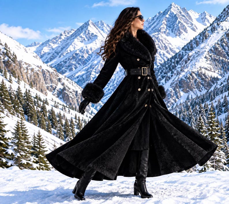 May include: A long black coat featuring a wide faux fur collar, matching fur cuffs, and a double-breasted front with gold buttons. The coat is cinched at the waist with a wide black belt featuring a gold buckle, paired with black leather boots.