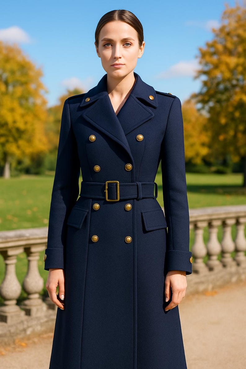 May include: A navy blue double-breasted trench coat featuring gold-toned buttons, a matching waist belt with a rectangular buckle, structured lapels, shoulder epaulets, and two flap pockets on the front. The coat has long sleeves with cuffs.