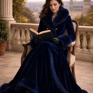 May include: A floor-length navy blue velvet coat featuring a wide faux fur collar, matching faux fur cuffs, and a faux fur trim along the hem. The coat is double-breasted with gold-toned buttons and is worn with black leather gloves and boots.