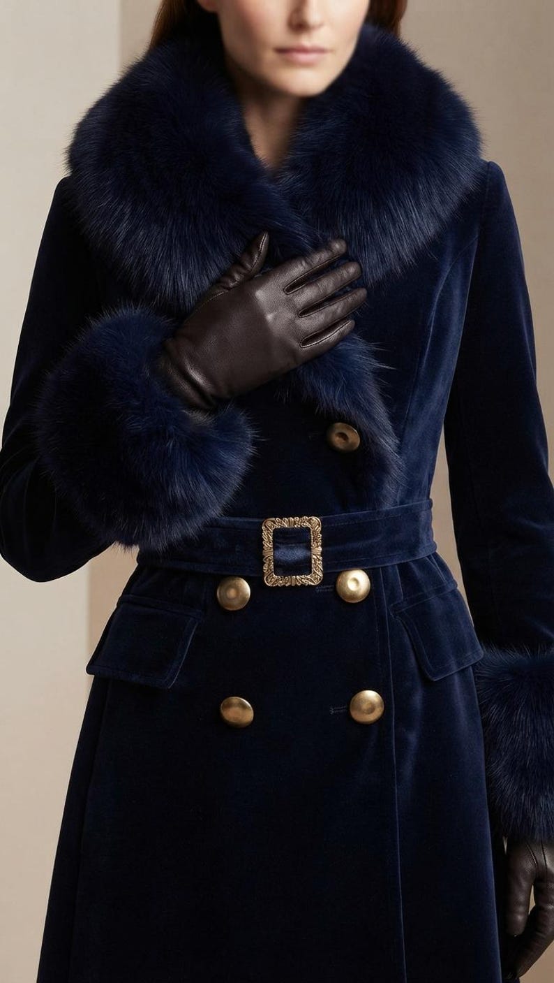 May include: A navy blue velvet coat featuring a large faux fur collar and matching fur cuffs. The coat is double-breasted with gold-toned buttons and a belted waist secured by a rectangular gold buckle. Dark brown leather gloves are worn.