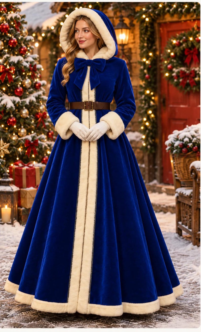 May include: A floor-length royal blue velvet coat featuring a hood with cream-colored faux fur trim, long sleeves with matching cuffs, a front bow closure, and a brown leather belt with a rectangular buckle at the waist.