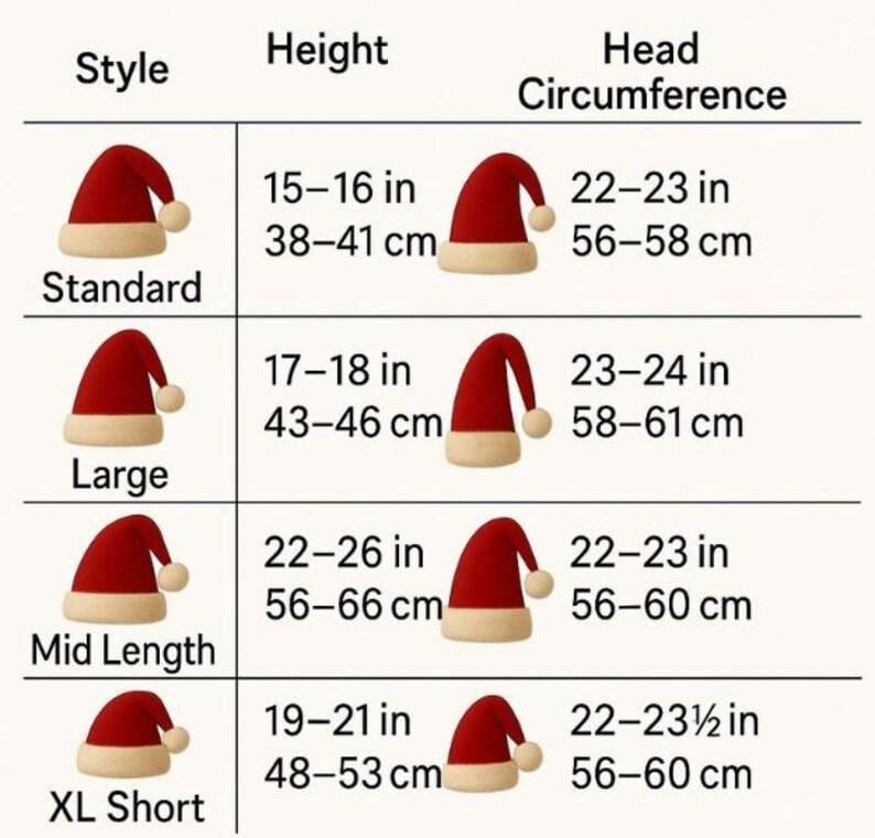 Puede incluir: Una tabla de tallas para gorros de Pap&aacute; Noel con cuatro estilos: Standard, Large, Mid Length y XL Short. La tabla enumera la altura y la circunferencia de la cabeza en pulgadas y cent&iacute;metros para cada estilo, junto a iconos de gorros rojos y blancos.