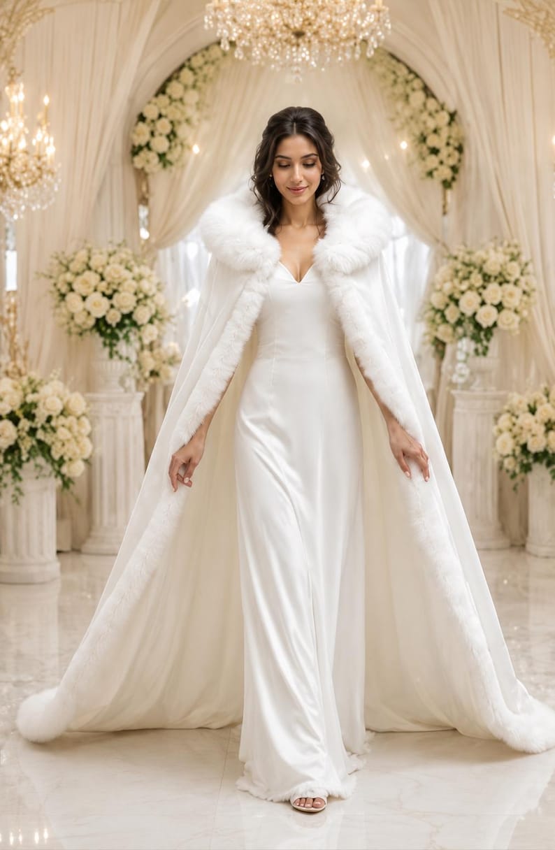 May include: A floor-length white gown paired with a matching white cape featuring a thick faux fur trim along the hood and front edges. The cape drapes fully to the floor, creating a long silhouette that complements the simple, sleeveless dress.