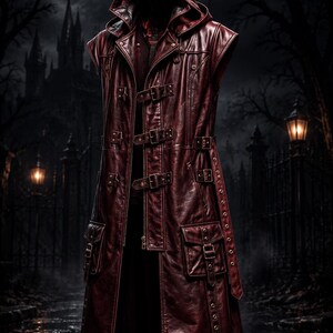May include: A sleeveless, dark red leather long coat featuring a hood, multiple front buckle closures, and two large flap pockets on the lower front. The garment includes side straps with metal eyelets and a zipper closure along the front opening.