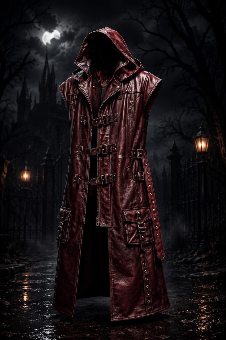 May include: A sleeveless, dark red leather long coat featuring a hood, multiple front buckle closures, and two large flap pockets on the lower front. The garment includes side straps with metal eyelets and a zipper closure along the front opening.