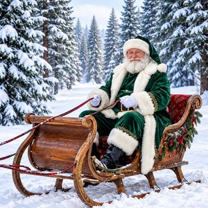 May include: Santa Claus wearing a deep green velvet coat with thick white faux fur trim and a matching hat, sitting in a wooden sleigh with red upholstery, holding red reins, set against a backdrop of snow-covered pine trees.