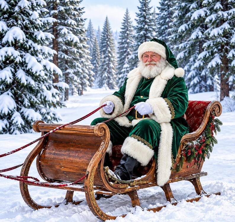 May include: Santa Claus wearing a deep green velvet coat with thick white faux fur trim and a matching hat, sitting in a wooden sleigh with red upholstery, holding red reins, set against a backdrop of snow-covered pine trees.
