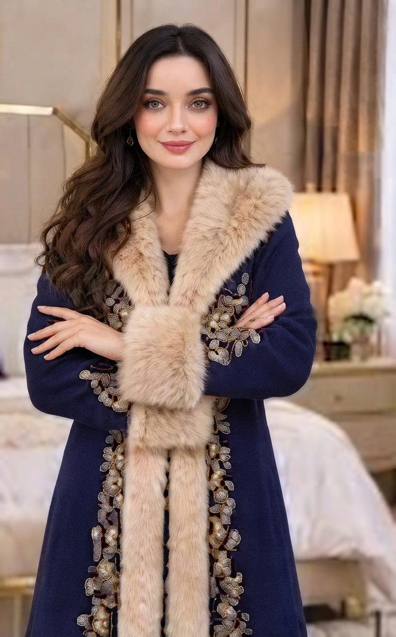 May include: A navy blue coat featuring a thick beige faux fur collar and cuffs. The garment is adorned with intricate gold and silver floral embroidery along the front panels, extending from the neckline down to the hem in a detailed botanical pattern.