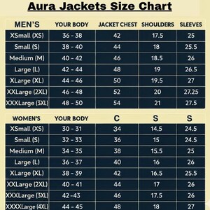 May include: A size chart titled Aura Jackets Size Chart with two tables for sizing. The top table lists measurements for chest, shoulders, and sleeves in inches for sizes XS to 3XL. The bottom table lists measurements for sizes XS to 4XL.