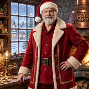 May include: A person with a white beard wearing a red Santa hat with a white pom-pom, a red coat with cream-colored faux fur trim, gold buttons, and a brown leather belt with a gold buckle, standing in a workshop with a fireplace.