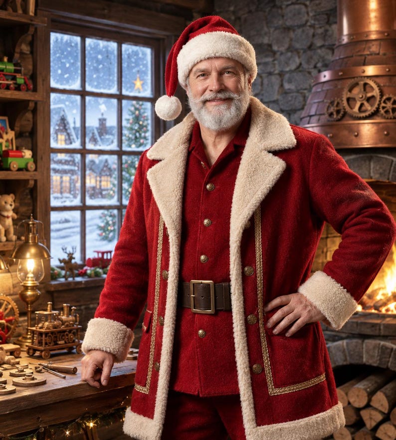 May include: A person with a white beard wearing a red Santa hat with a white pom-pom, a red coat with cream-colored faux fur trim, gold buttons, and a brown leather belt with a gold buckle, standing in a workshop with a fireplace.