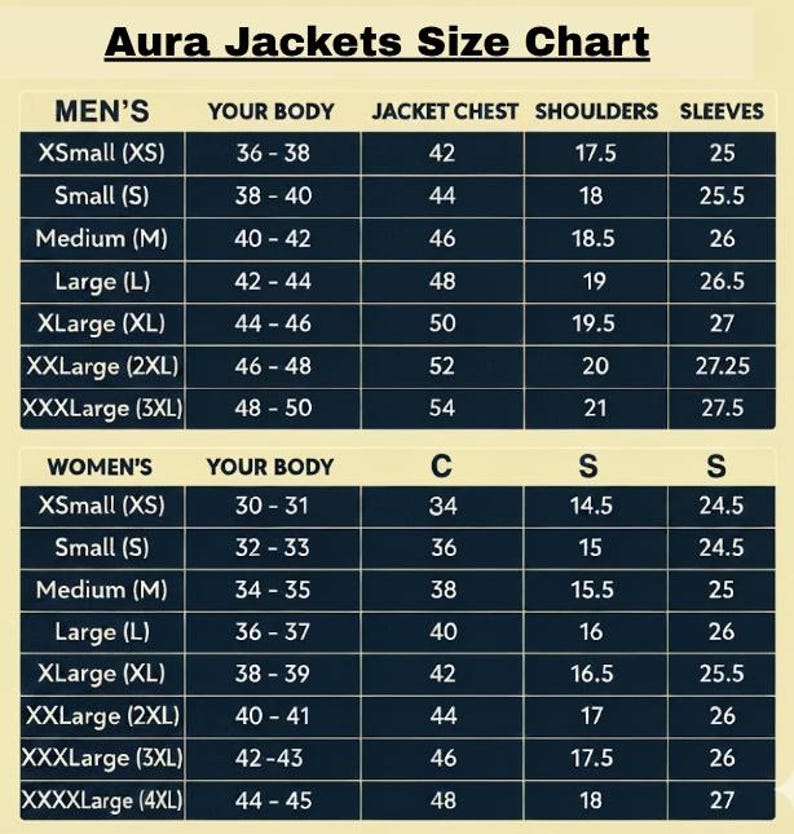 May include: A size chart titled Aura Jackets Size Chart with two tables. The top table lists measurements for sizes XS through 3XL, including body, jacket chest, shoulders, and sleeves. The bottom table lists sizes XS through 4XL with corresponding measurements.