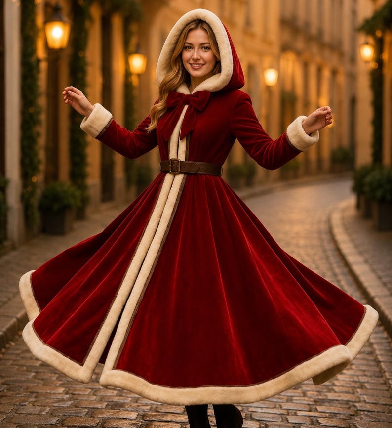 May include: A deep red velvet hooded coat featuring a cream-colored faux fur trim along the hood, cuffs, and hem. The coat includes a large bow at the neckline, a brown leather-style belt with a buckle at the waist, and a flared skirt design.