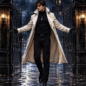 May include: A beige trench coat worn over a black turtleneck sweater and black trousers. The outfit includes black leather gloves, a silver dog tag necklace, and black dress shoes. The ensemble is styled with a belt and a high-collared coat design.