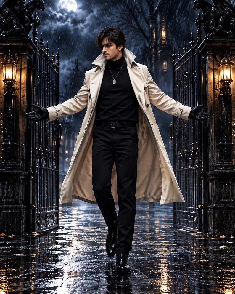 May include: A beige trench coat worn over a black turtleneck sweater and black trousers. The outfit includes black leather gloves, a silver dog tag necklace, and black dress shoes. The ensemble is styled with a belt and a high-collared coat design.