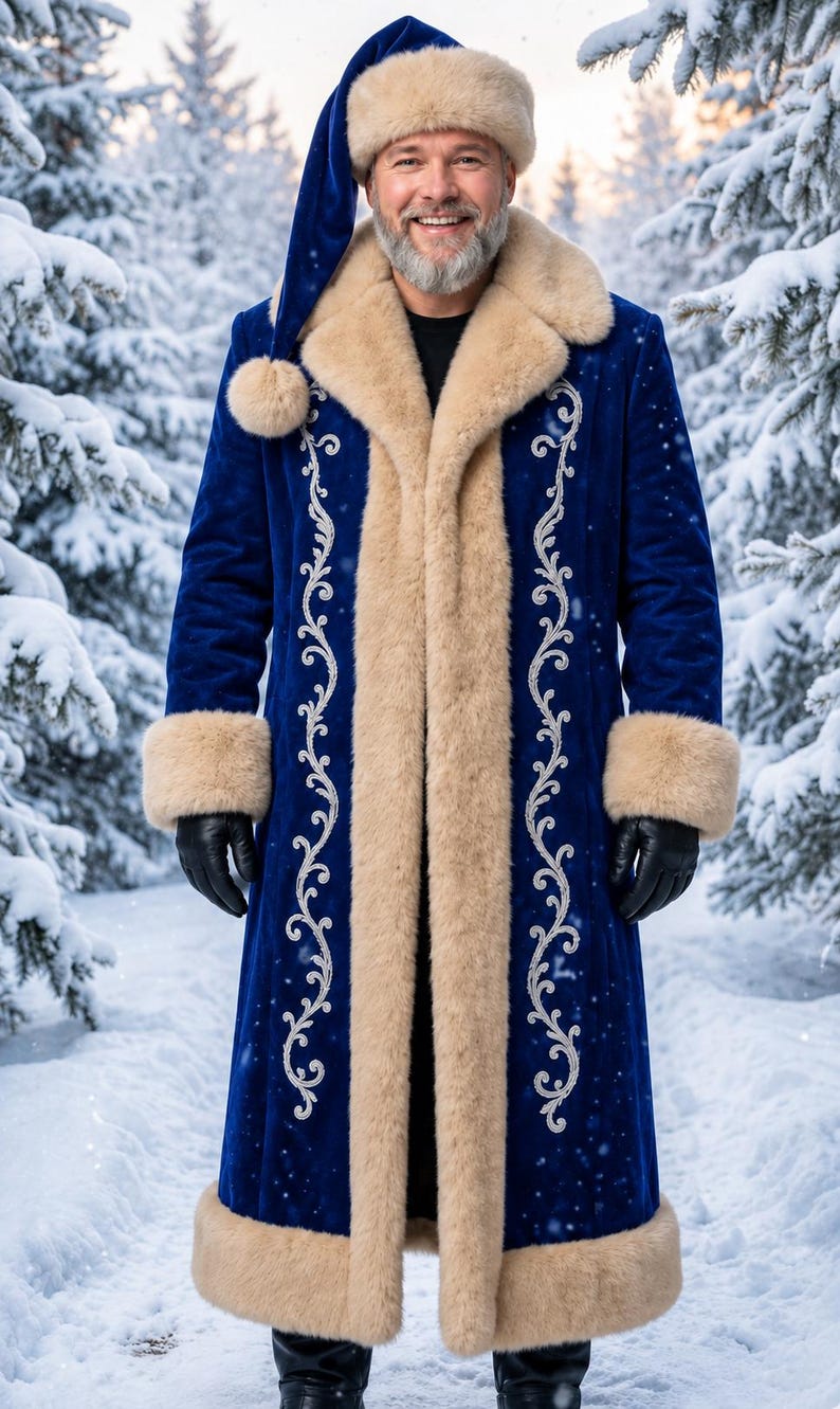 May include: A long, royal blue velvet coat featuring thick, cream-colored faux fur trim on the collar, cuffs, and hem. The coat is decorated with intricate silver embroidery along the front panels and is paired with a matching blue velvet hat.