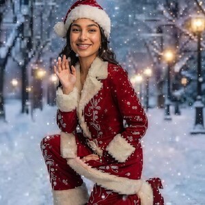 Puede incluir: Un conjunto de abrigo y pantal&oacute;n de terciopelo rojo con ribete de piel sint&eacute;tica blanca en el cuello, pu&ntilde;os y dobladillo, adornado con intrincados patrones de copos de nieve con cuentas blancas y un gorro de Pap&aacute; Noel de terciopelo rojo.