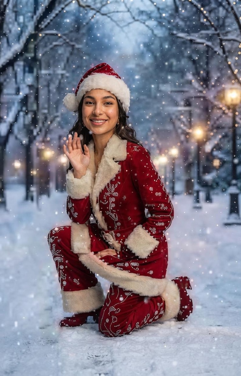 Puede incluir: Un conjunto de abrigo y pantal&oacute;n de terciopelo rojo con ribete de piel sint&eacute;tica blanca en el cuello, pu&ntilde;os y dobladillo, adornado con intrincados patrones de copos de nieve con cuentas blancas y un gorro de Pap&aacute; Noel de terciopelo rojo.