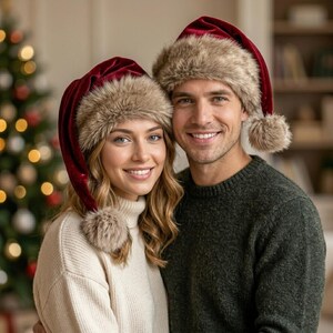 Puede incluir: Dos gorros de Pap&aacute; Noel a juego hechos de tela de terciopelo rojo intenso con un borde grueso y esponjoso de piel sint&eacute;tica de color marr&oacute;n claro y un pomp&oacute;n a juego en la punta. Los gorros tienen una textura suave y forma c&oacute;nica.