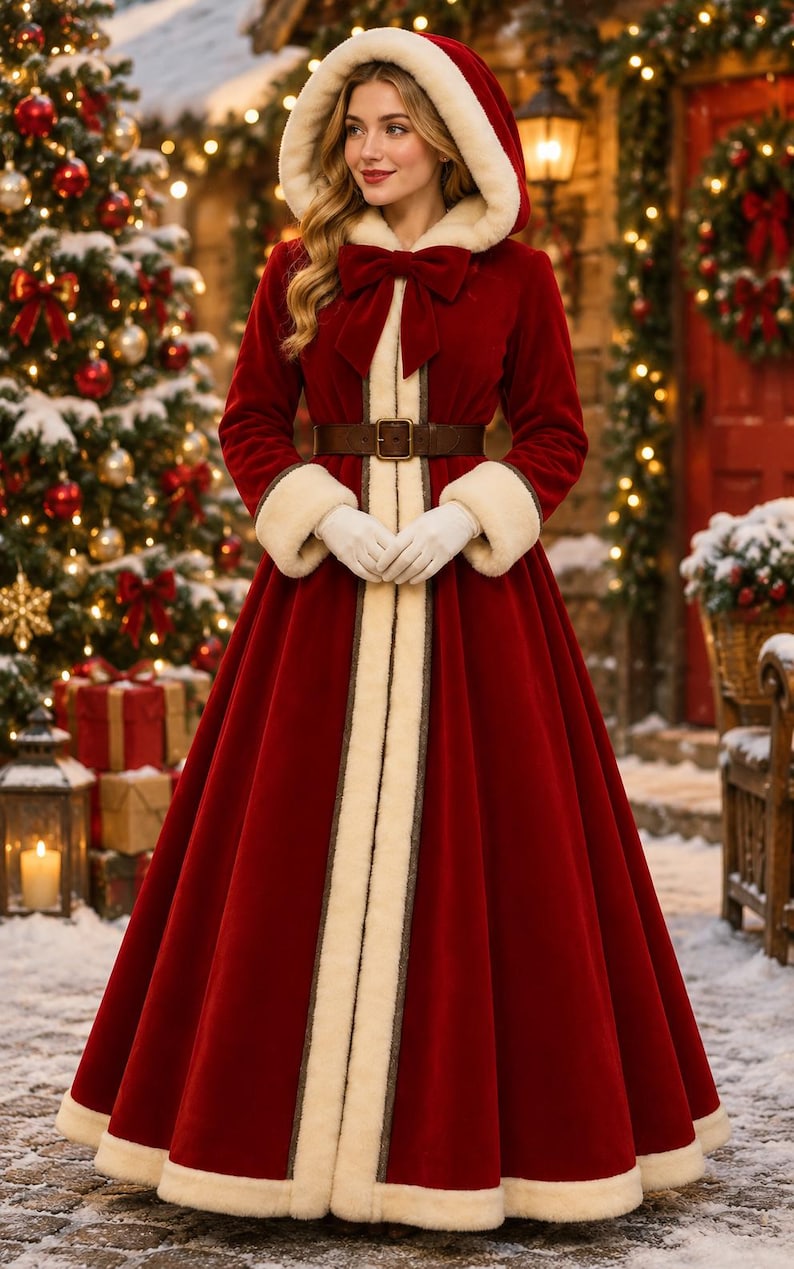 May include: A floor-length red velvet coat with a hood, featuring cream-colored faux fur trim along the edges, cuffs, and hood. The coat includes a large red bow at the neckline, a brown leather belt with a metal buckle, and white gloves.