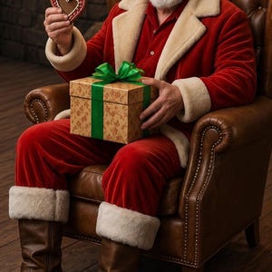 May include: A person dressed in a red velvet suit with white faux fur trim, a matching hat, and brown leather boots. The individual holds a heart-shaped cookie in one hand and a square gift box wrapped in patterned paper with a green ribbon.