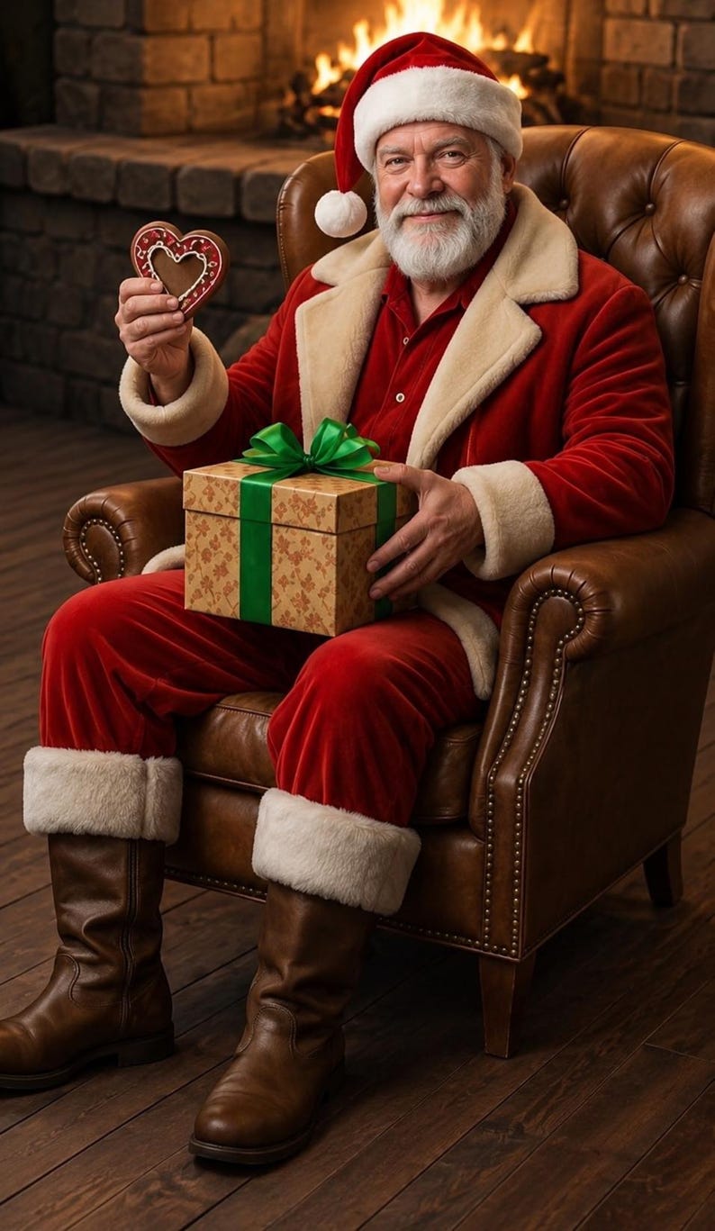 May include: A person dressed in a red velvet suit with white faux fur trim, a matching hat, and brown leather boots. The individual holds a heart-shaped cookie in one hand and a square gift box wrapped in patterned paper with a green ribbon.