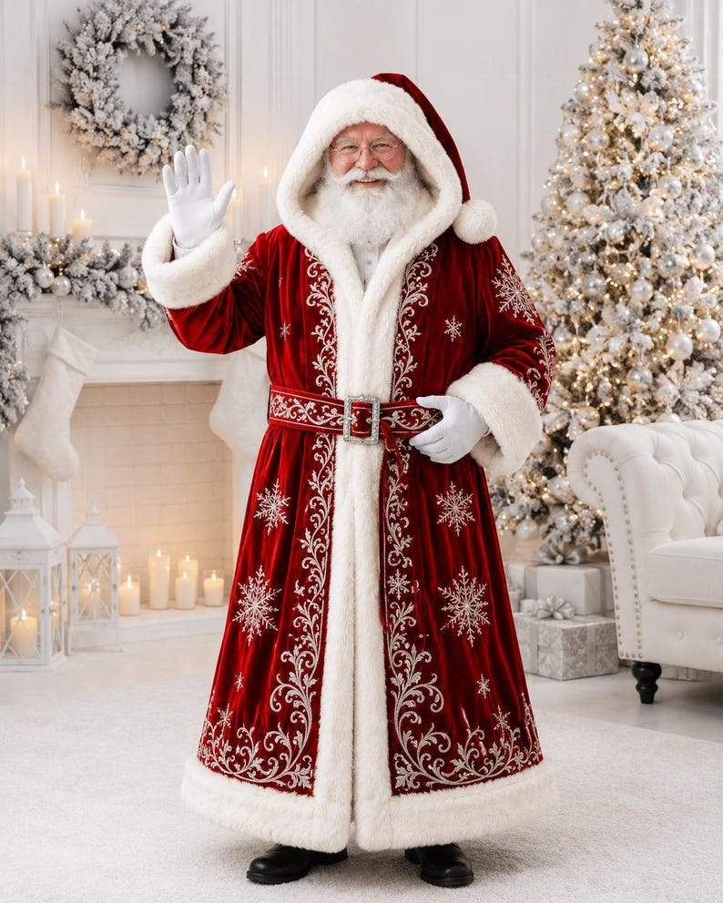 Luxury Royal Santa Claus Coat Red Velvet Hooded Christmas Robe Heavy Embroidered Fur Trim image 1
