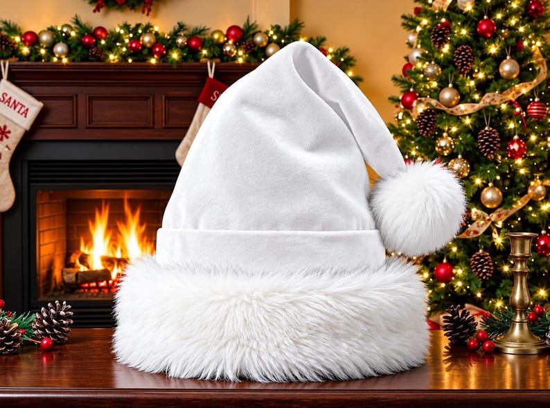 May include: A solid white Santa hat featuring a plush, thick faux fur trim around the base and a matching fluffy white pom-pom at the tip. The hat is constructed from a smooth, soft-textured fabric and maintains a classic pointed shape.