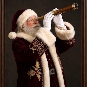 May include: A figure with a white beard and glasses wears a deep red velvet coat with white faux fur trim and gold embroidery, holding a brass telescope to their eye while wearing white gloves, framed in a dark brown wooden border.