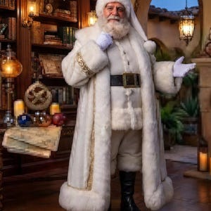 May include: A person dressed in a long, white faux fur coat with gold trim, matching white trousers, and a white fur hat. The outfit includes a black leather belt with a gold buckle and white gloves. The person has a full white beard and mustache.