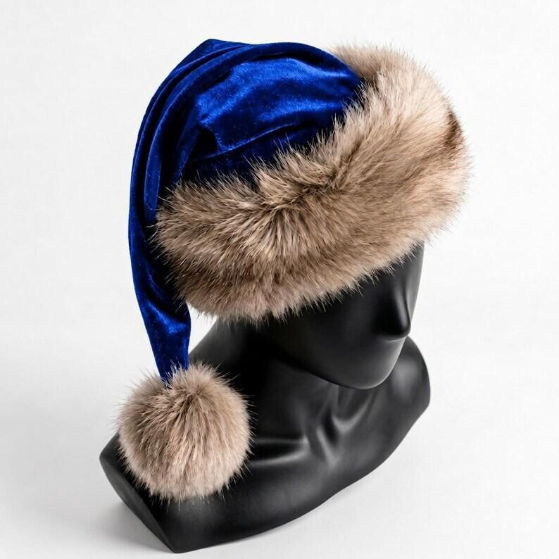 Premium Blue Velvet Christmas Hat with Soft Faux Fur Cuff image 14