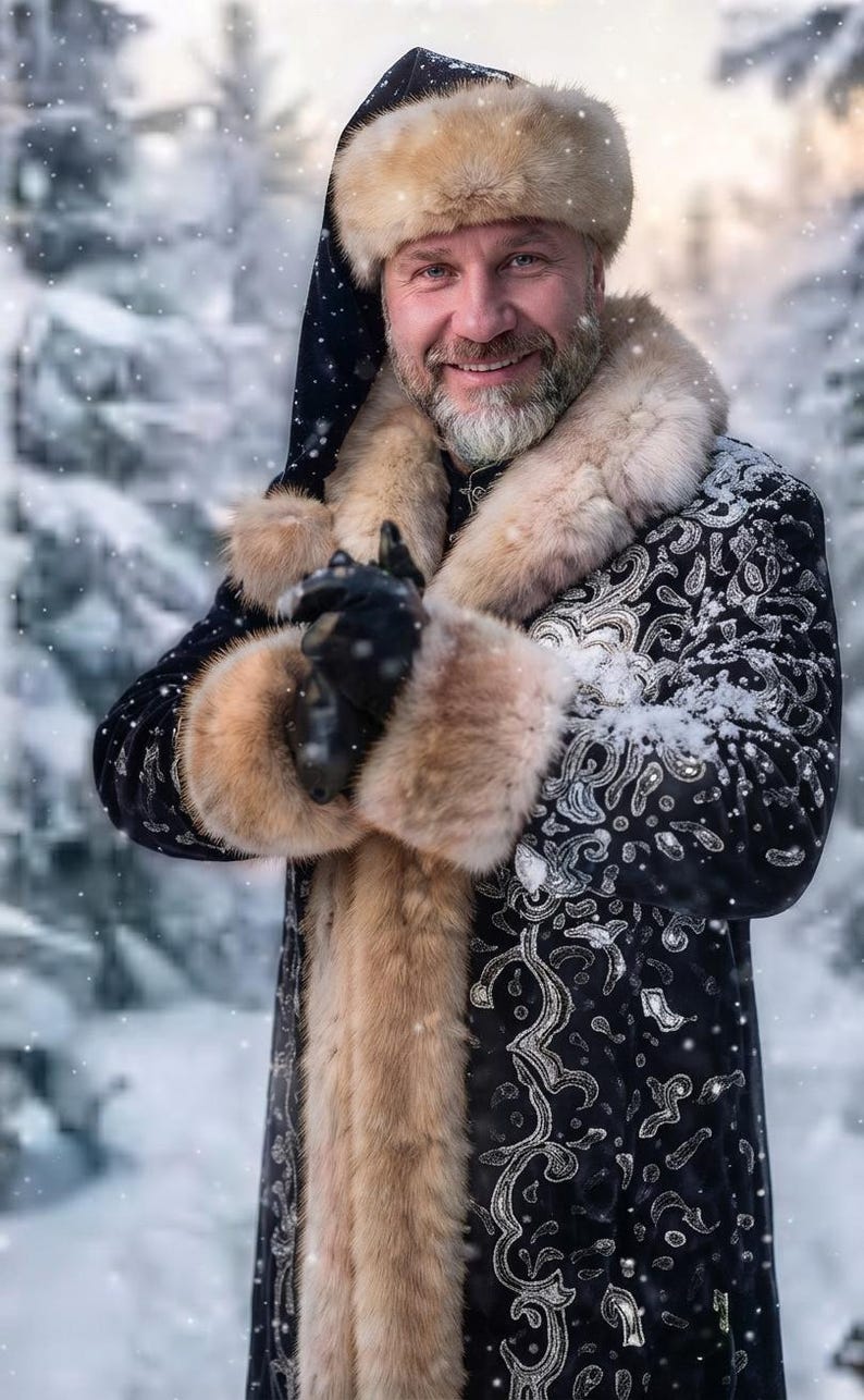 May include: A black coat with silver embroidery and tan fur trim, paired with a matching fur-trimmed hat. The coat features a long, thick tan fur collar and cuffs. The fabric is adorned with intricate silver patterns throughout the garment.