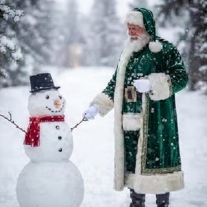 May include: A figure dressed in a long, dark green velvet coat with white fur trim, a matching hood, and white gloves, standing in the snow next to a snowman. The snowman wears a black top hat, a red scarf, and has a carrot nose and twig arms.