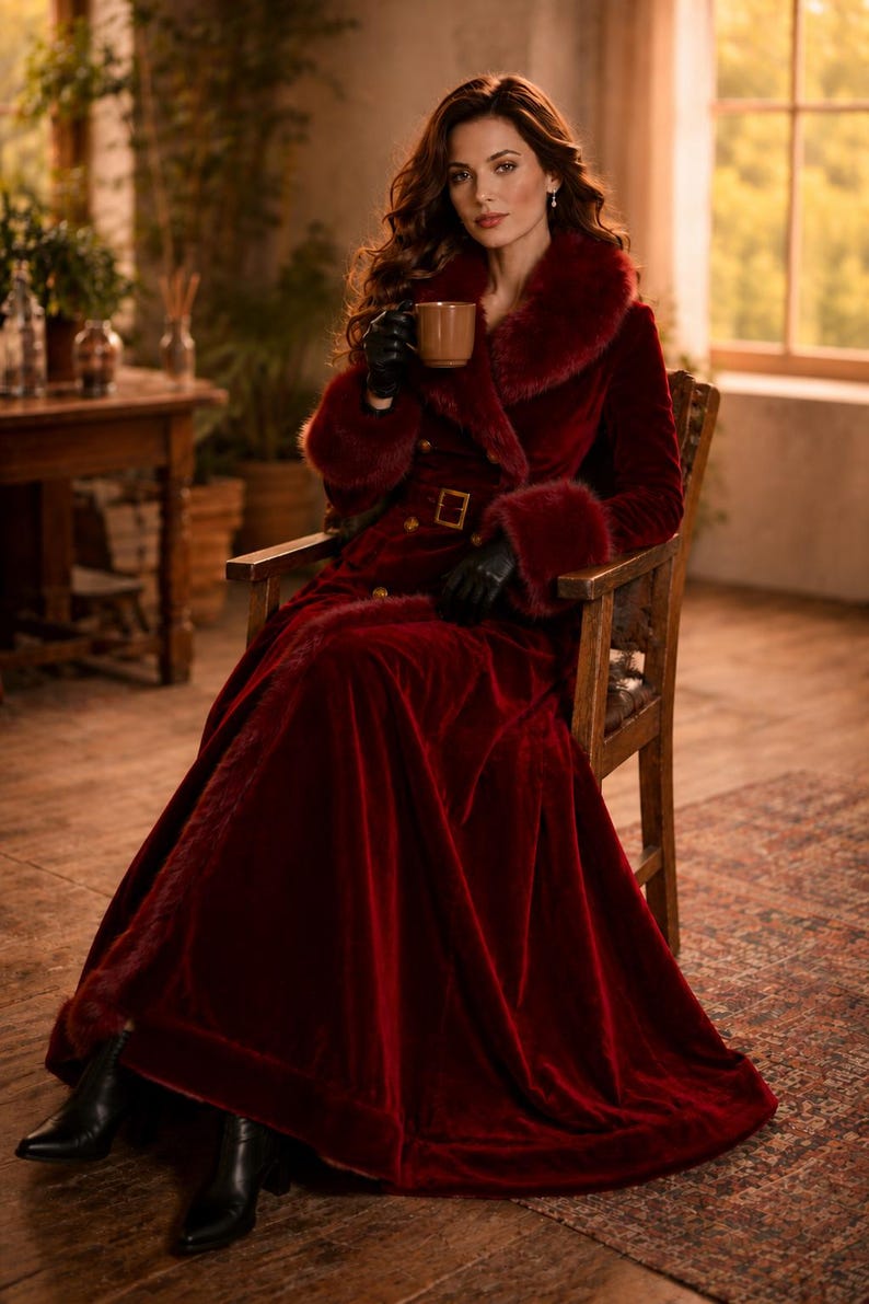 May include: A floor-length deep red velvet coat featuring a wide faux fur collar and matching faux fur cuffs. The coat includes a belted waist with a gold-toned buckle, double-breasted gold buttons, and a full-length skirt. Black leather gloves.